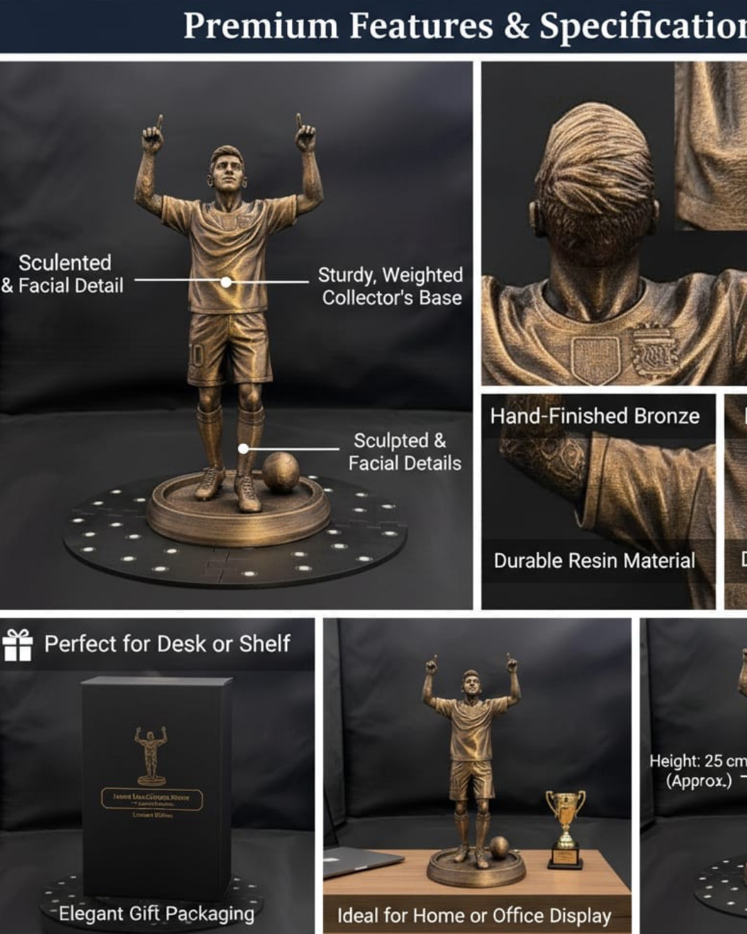 Lionel Messi Resin Action Figure – PG Edition | Premium Football Player Showpiece for Fans, Kids & Collectors | Bronze Finish Sports Collectible for Home & Office Décor